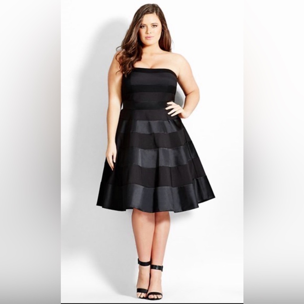 City Chic Miss Shady Stripe Strapless Fit Flare Party Dress Black Dress